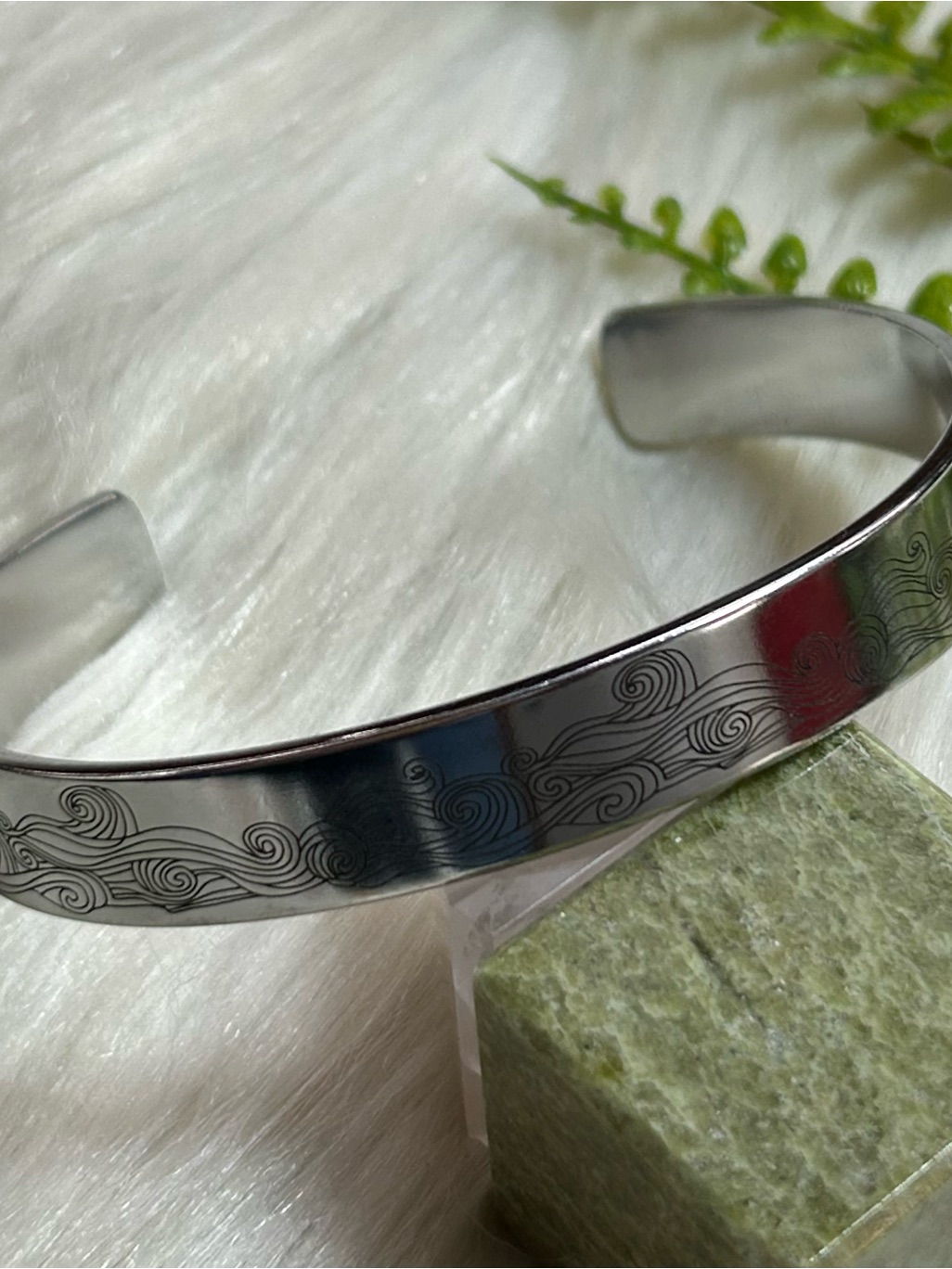 Stainless Steel WaveEngraved Cuff Bracelet